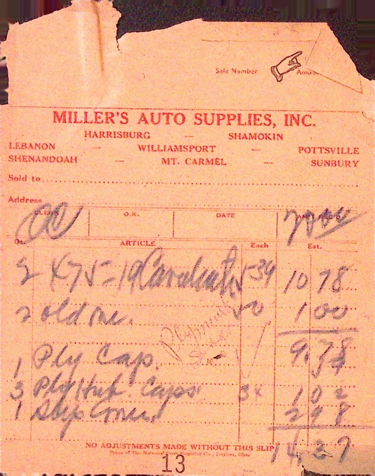 Miller's Auto Supplies Inc Pennsylvania Harrisburg Shamokin & More Receipt