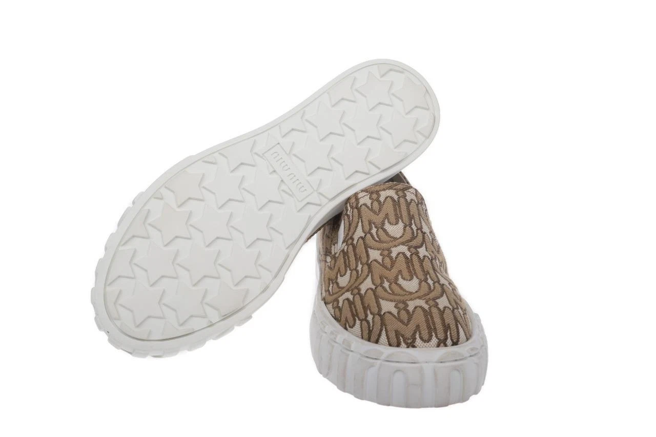MIU MIU NUOVE SCARPE SNEAKER SLIP ON MIU BEIGE MARRONE JACQUARD CON LOGO PLATEAU 37 US 7