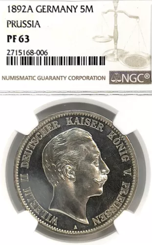 German States Prussia 1892A 5 Mark Coin Thaler Taler NGC PF 63 PROOF PP RARE UNC