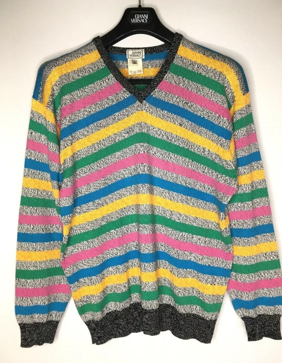 GIANNI VERSACE VINTAGE '95 V-NECK STRIPED SWEATER MEN KNIT MULTI COLOR ITALY