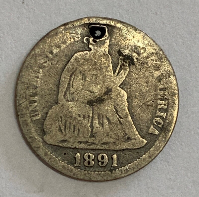 1891 Philadelphia Mint Silver Seated Dime Good Condition Holed