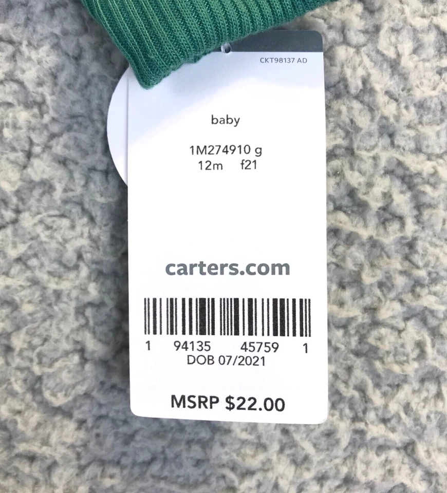 Carters Bebé Niño Verde Rayas Dino Capucha Polar Mono Mono Conjunto 12m Foto 4 de 4