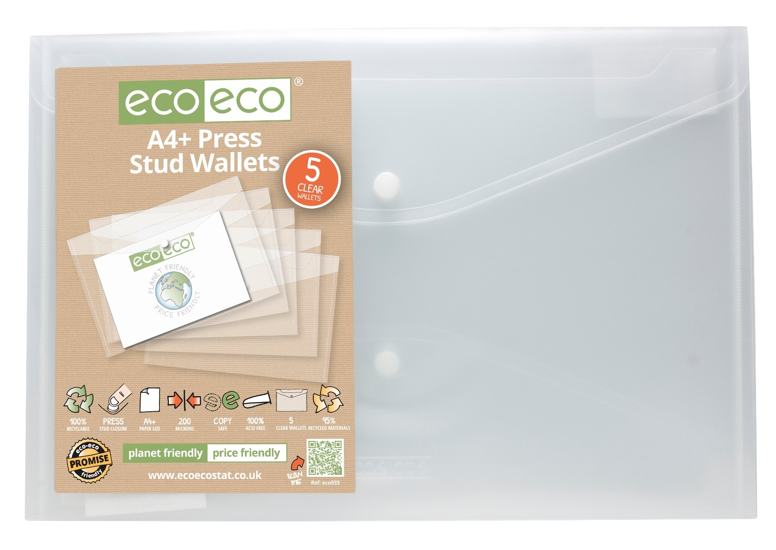 eco eco A4+ Stud Wallets 95% Recycled Plastic Popper Document Wallets - Pack 5 - Image 3
