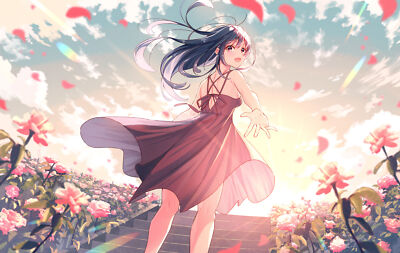 Anime girls dress sun flowers smiling long hair windy playmat gaming mat