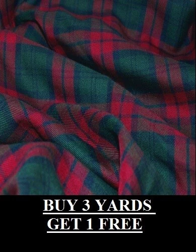 Genuine Lindsay Red Green Blue Tartan Plaid Woven Poly-Viscose Dress Fabric