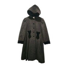 Rothschild Girls Sz 12 Grey Wool Velvet Trim Bows Overcoat Cotton Lining Hooded