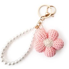 Crochet Flower Keychain with Faux Pearl Chain, Boho Y2K Bag Charm for Pink