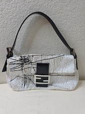 Vintage Fendi White Beaded Scribble Baguette Shoulder Bag