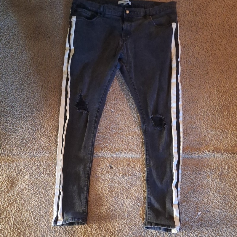 Fashion Nova Mens Black Denim Skinny Jeans Distressed Side Stripe 5-Pocket