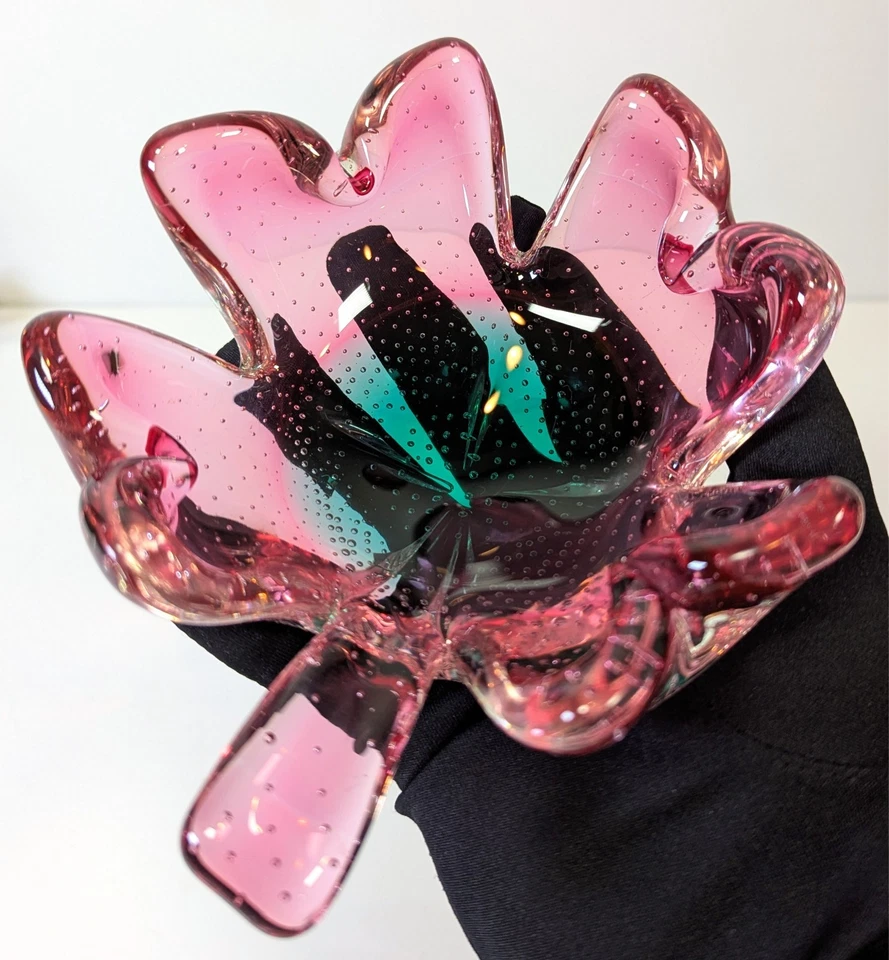 PINK Lucky 4 Leaf Clover Shamrock MURANO italian ART GLASS Bowl Dish bullicante - Image 4 of 4