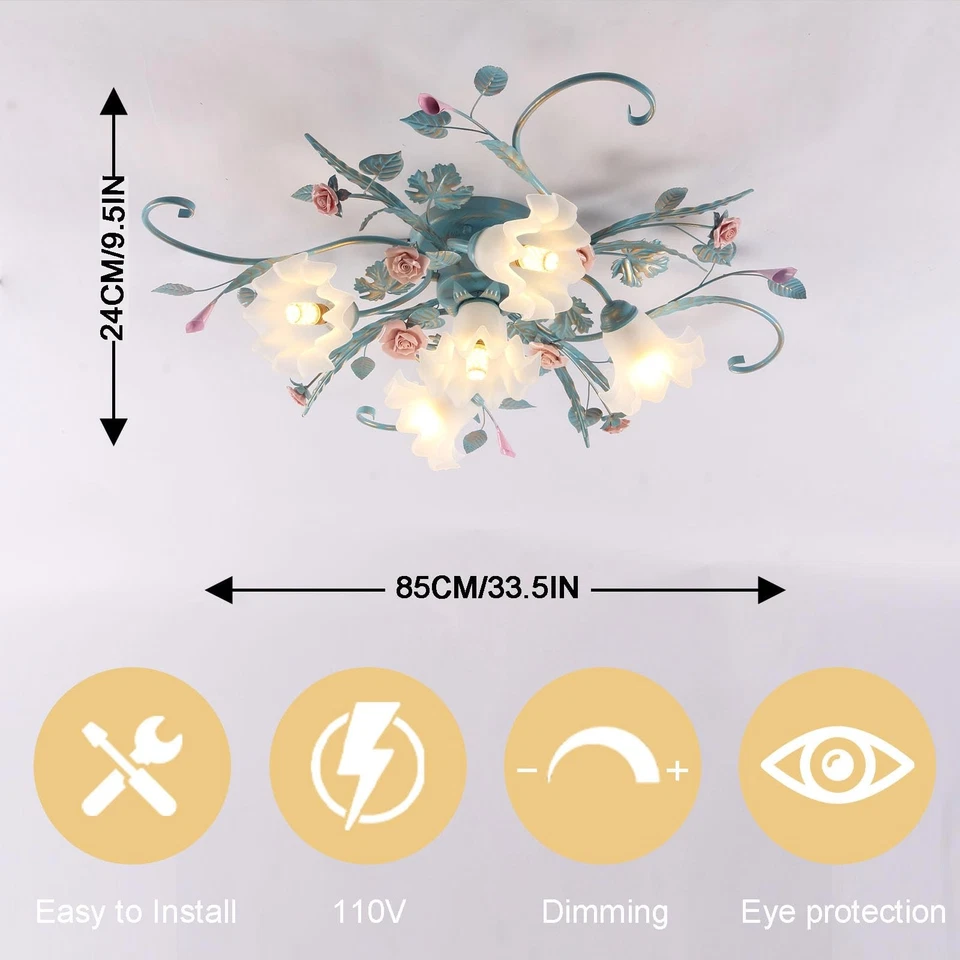 Candelabro de flores luminária de teto, 5 luzes rosa cerâmica rosa abajur de teto com G... - Imagem 2 de 4