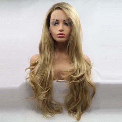 Xiweiya Long Blonde Synthetic Lace Front Wig - Wavy Side Part With blonde 