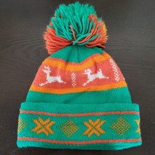 Unbranded Green Orange Beanie Pom Pom One Size Reindeer
