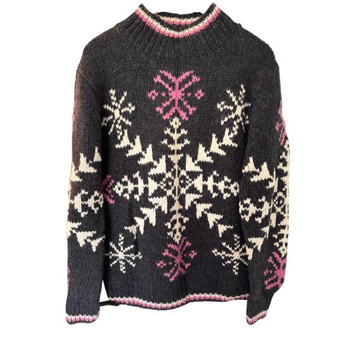 Woolrich 90s Snowflake Nordic Ski Sweater M Vintage Black Wool Crewneck - Picture 2 of 10
