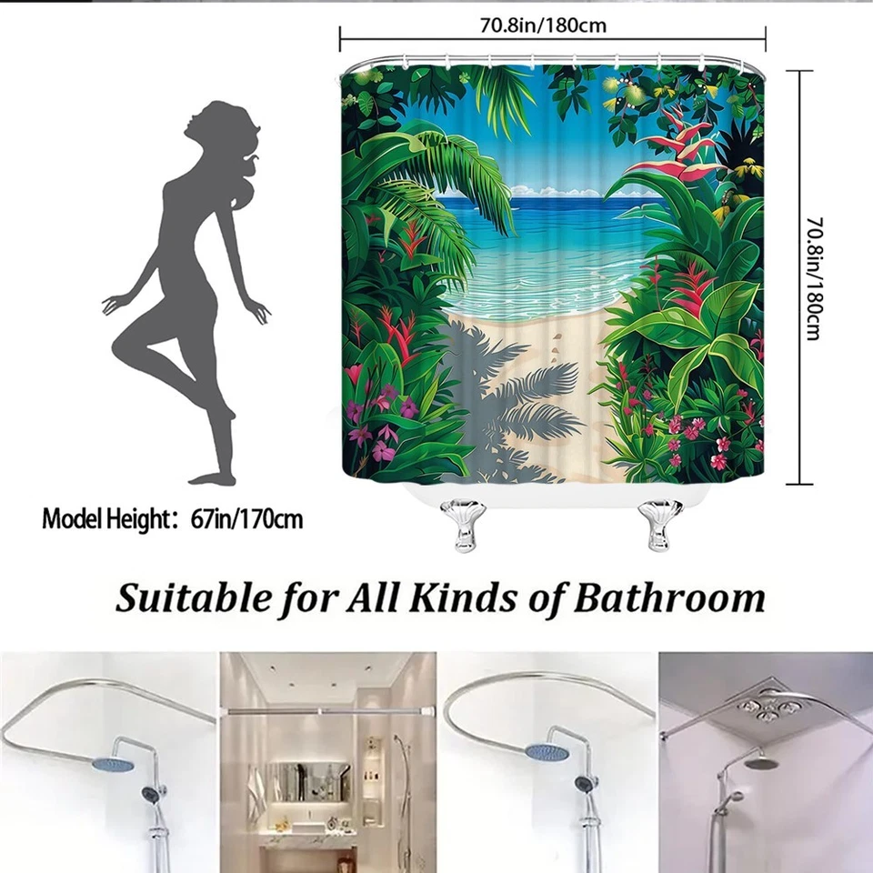 Занавеска для душа тропический пляж вид на океан зеленые листья джунглей летняя ванная комната - Изображение 3 из 4