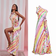 Celia B Varuna One-Shoulder Cutout Ruffle Maxi Dress Multi Stripes Medium NWT