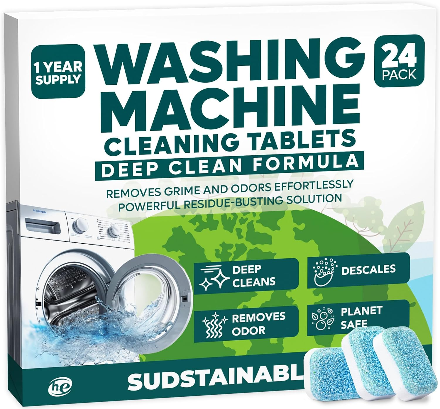 24-Pack Washing Machine Cleaner Tablets for Deep Cleaning Front or Top Load Washers