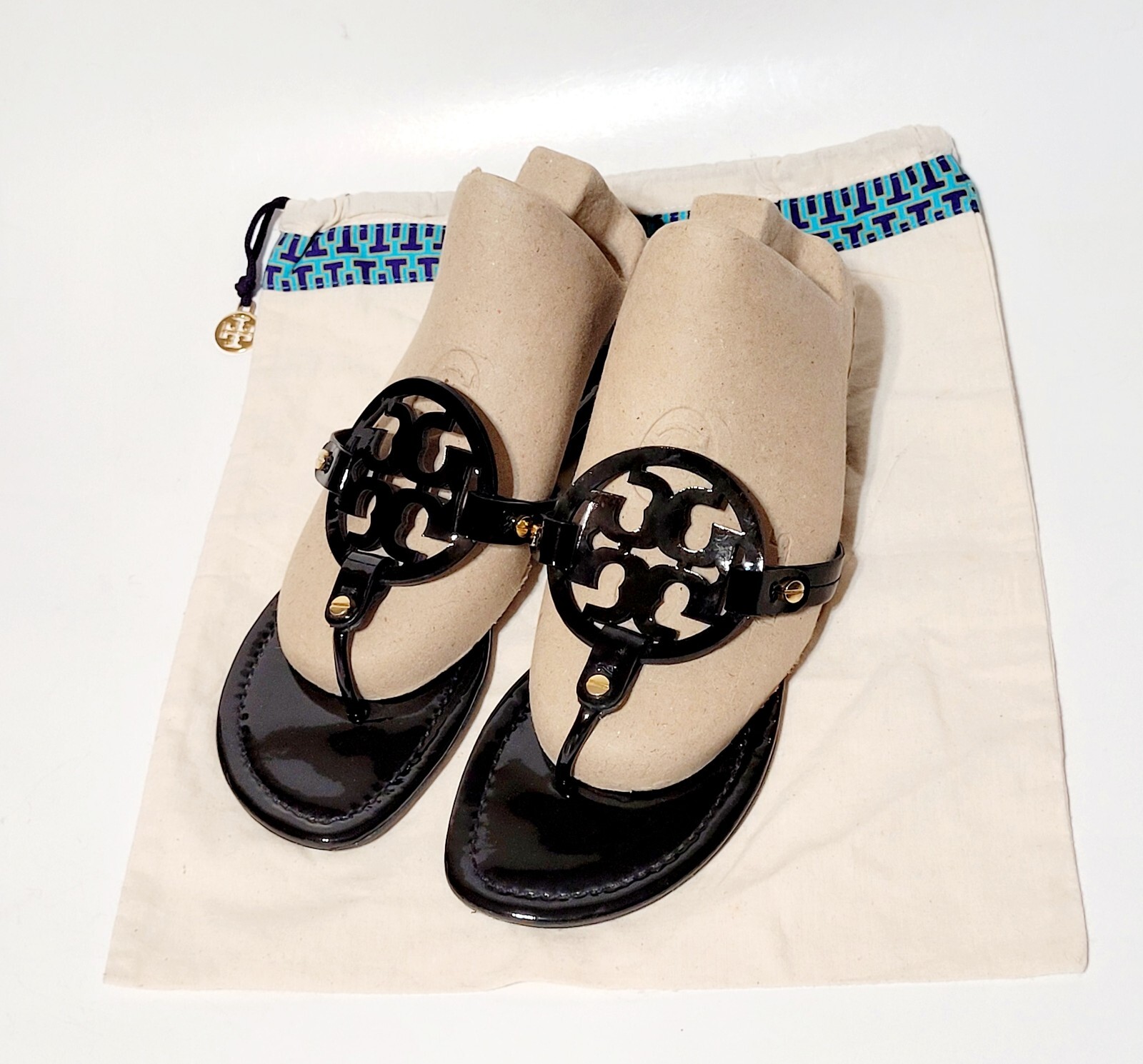 Tory Burch Miller Sandals Logo Black Patent Leather Thong FlipFlop Flats Wms 10M