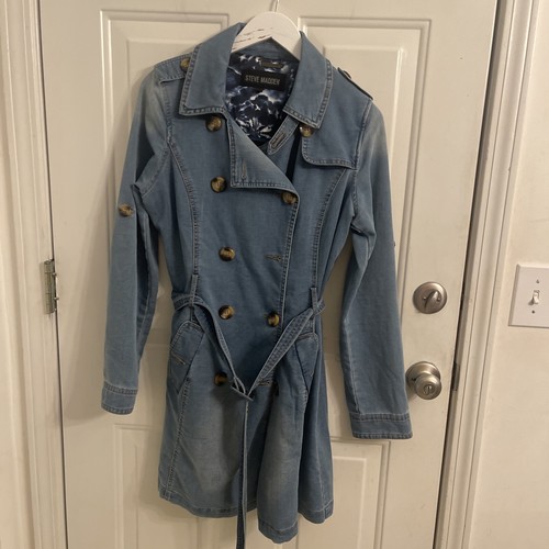 Steve Madden Blue Jean Tie Waist Trenchcoat Damen Größe Medium Länge 36 Grube 20
