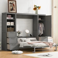 Queen Size Murphy Bed Wall Bed with Closet Drawers Shelves Space-Saving Gray