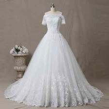 White Lace-up Wedding Dresses Applique Short Sleeve Off-the-shoulder Sweep Train