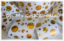 3" CRACKLE DOTS GOLD HOLOGRAM GROSGRAIN RIBBON 4 CHEER BOW HAIRBOW WHITE