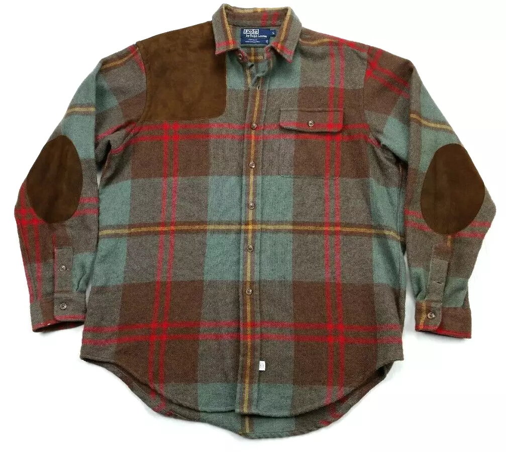 Vintage 80s Polo Ralph Lauren Wool Flannel Shoulder Patch Shooting Shirt Large