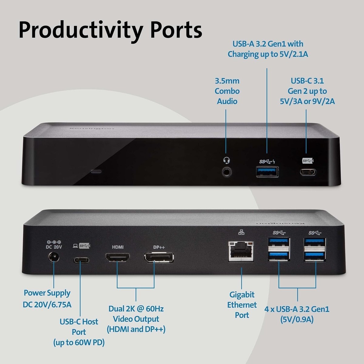 Kensington Docking Station Universale SD4700P, USB-C E USB 3.0, 60W Power Delivery, Supporto Doppio Monitor 2K
