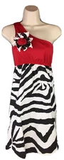 Red & Zebra Print Junior’s Size Small One Shoulder Dress With Flower Accent