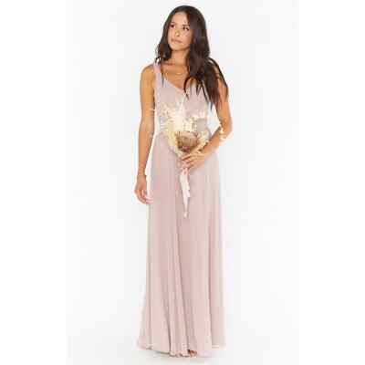 Show me your mumu jenn maxi bridesmaid dress size small soft beige pink  chiffon | eBay
