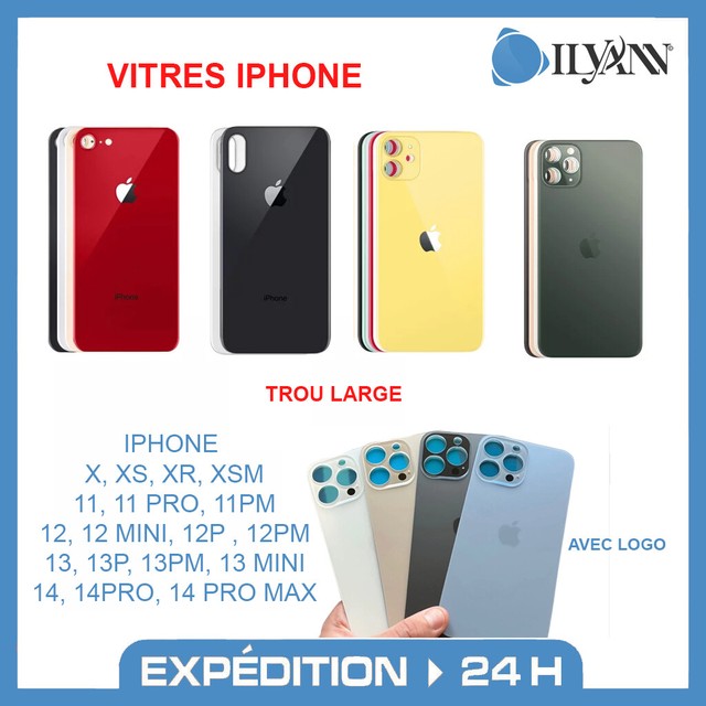 Vitre arrière iPhone X XS XR 11 12 13 14 PRO MAX MINI LOGO CE PREMIUM Gros trou Vitre arrière iPhone X XS XR 11 12 13 14 PRO MAX MINI LOGO CE PREMIUM Gros trou