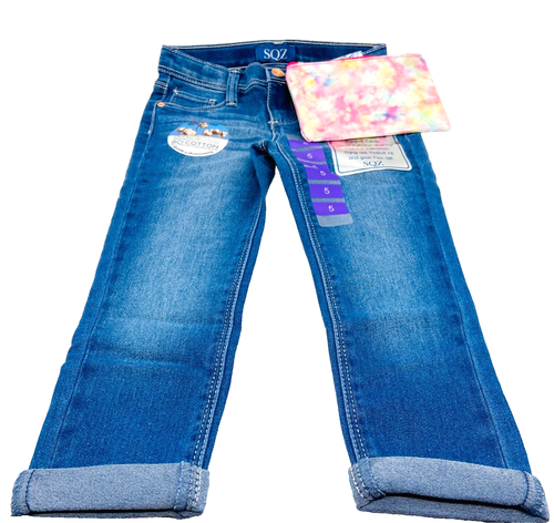 Girls Jeans Size 5 Rolled Ankle Crop Denim w Pink Hearts Pouch SQZ NWT