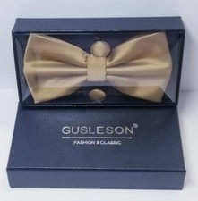 GUSLESON Mens Plain Color Tan Pre-tied Bow Tie and Pocket Square Cufflink Set