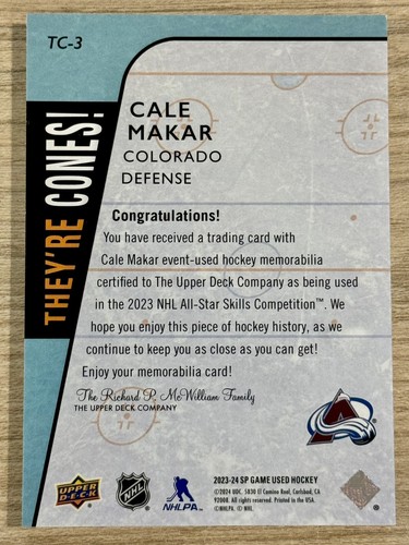 2023-24 UD SP Game Used CALE MAKAR 🔥All-Star They're Cones🔥 #d 10/25 Colorado - Picture 3 of 4