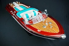 Riva Aquarama 20" White Blue Wood Model Boat 53cm Handmade Italian Speed Boat