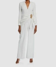  995 Bagdley Mischka Women's Ivory Crepe Long Sleeve V-Neck Jumpsuit Size 2