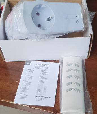 deleyCON Funksteckdose mit Fernbedienung, Modell PA-GE9A-01SRF3, weiß, 16A, LED