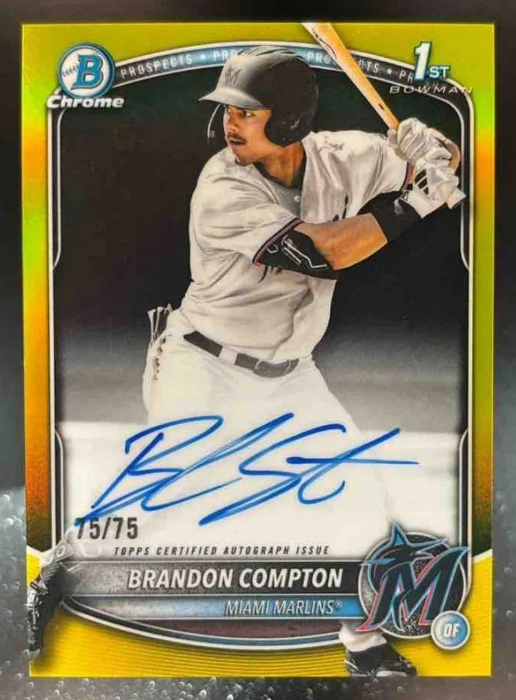 2025 Bowman Draft Brandon Compton Chrome Auto Yellow 75/75 1st Prospect Marlins