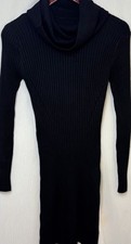 Black Ribbed Turtleneck Sweater Dress XS S Bodycon Stretch Mini Knit