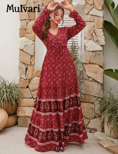 Shein Maxi Dress Floral Print Long Sleeve Dress XL Red