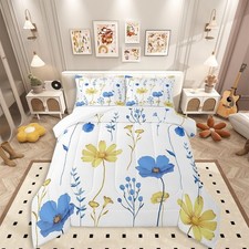 Floral Comforter Set Full Size, Blue Yellow Bedding Set for Teens Adult , Mod...