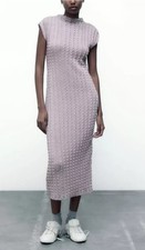 Zara Textured Knit Long Dress Mid Grey With Hint Of Lilac Size L Large Brand New