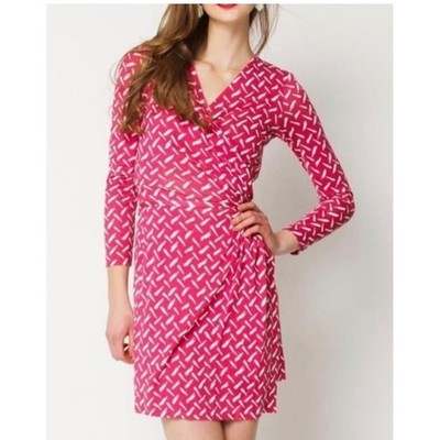 Diane von Furstenberg DVF Dash Weave Callisto Silk Wrap Dress 12 Pink White