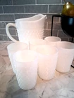 Vintage Anchor Hocking Milk Glass Hobnail Pitcher & 6 Tumblers / Glasses