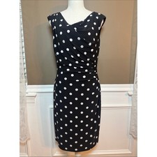 Lauren Ralph Lauren Black White Polka Dot Ruched Sheath Midi Dress Size 8