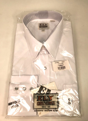 ELY Cattleman Western Dress Shirt White Pearl Snaps Pockets Mens  17x33 (Large)