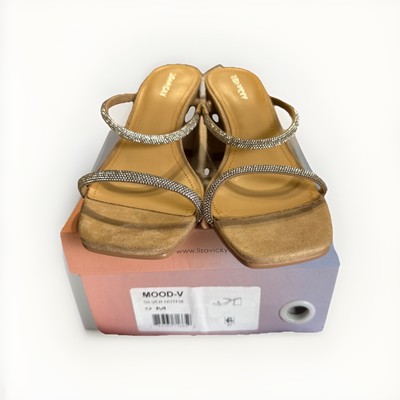 Lisa Vicky Mood Slide Sandals Pave Crystals Silver Hotfix Heels Tan Size 9