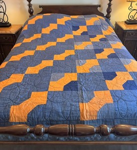 Vintage Orange & Blue Bow Tie Hand Sewn Cotton Quilt 81 X 72"