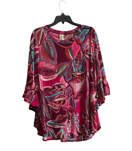 Haptics Blouse Sz 2XL Pink Bold Abstract Flowy Bell Sleeve Resort Tropical Boho
