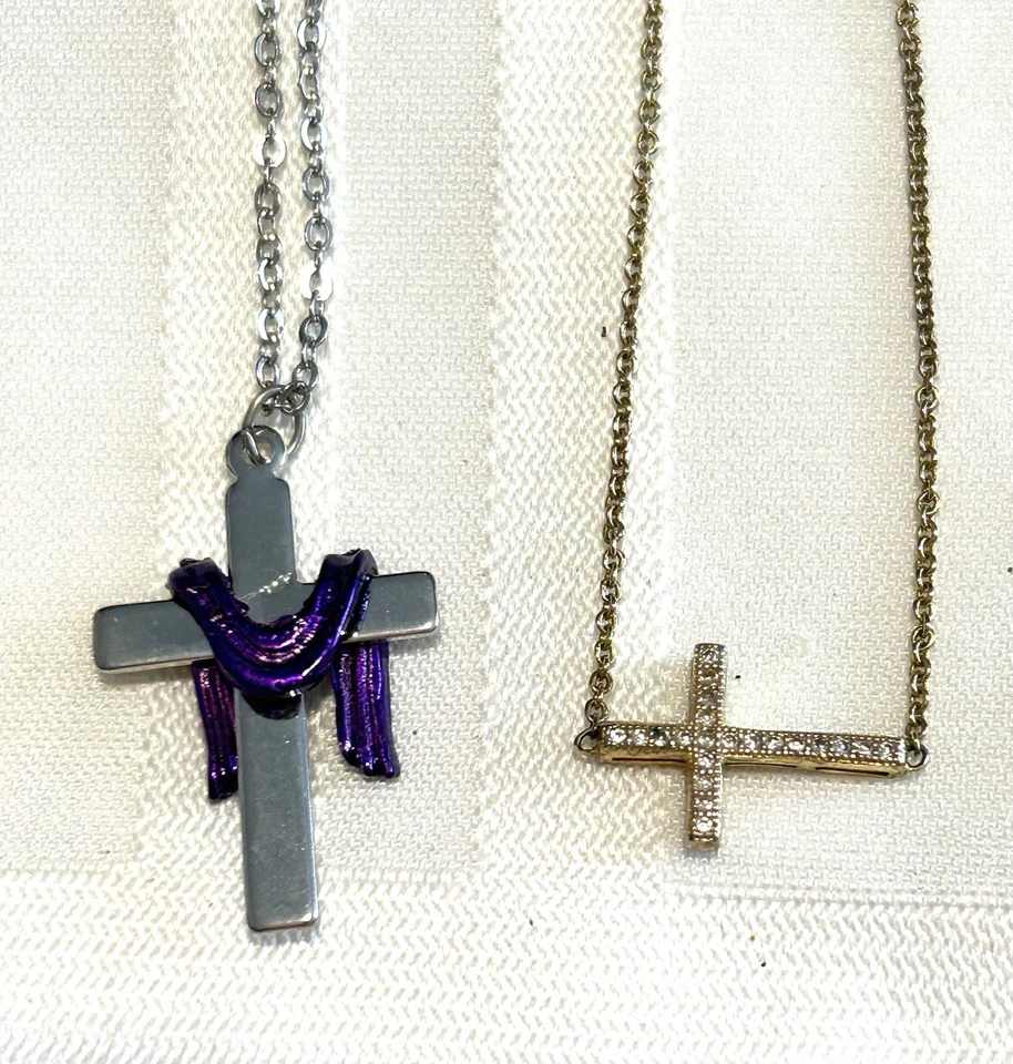 Lot 7 Cross Necklaces Small Religious 1-Avon  Gold & Silver Tones 12”-15” Drop - Image 3 of 4